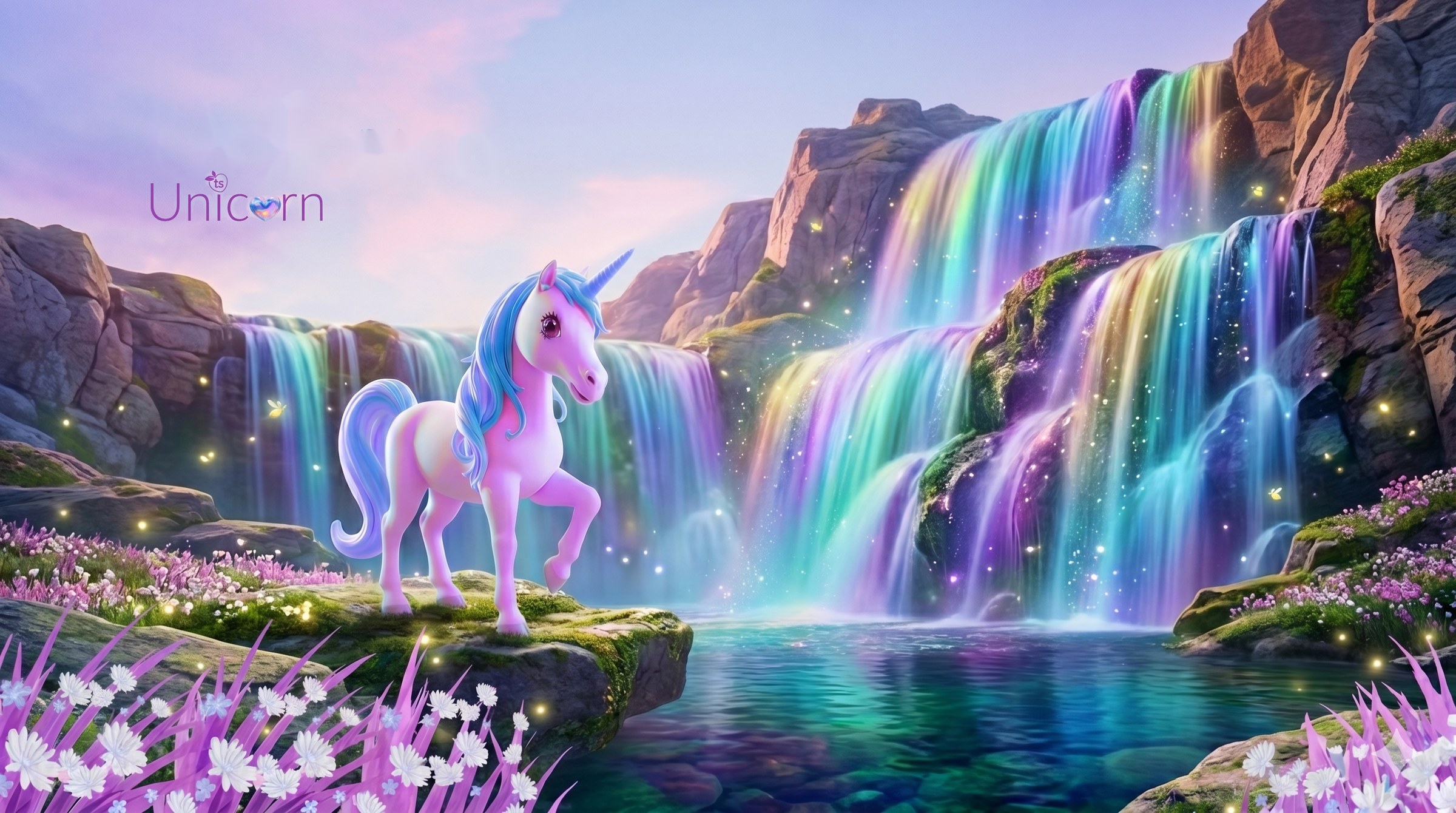 Seraphine standing by a rainbow waterfall in a meadow of violet flowers, with the Unicorn wordmark