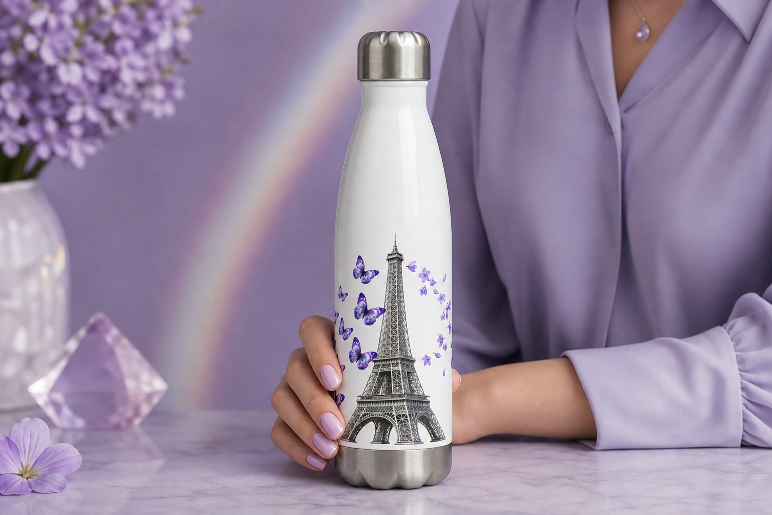 tsgabrielle® • Paris - Eiffeltornet • Vattenflaska • Vit • Rostfritt stål • 17 oz - 500ml - View 14
